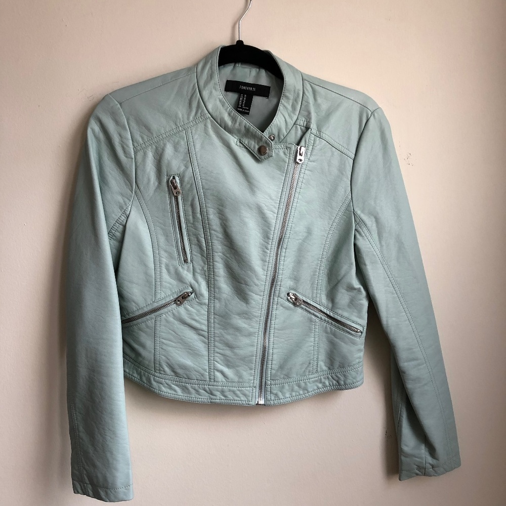 Faux leather Turquoise Moto Jacket